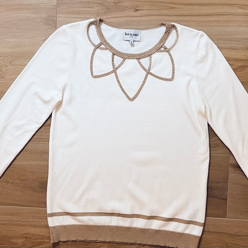 Leo & Ugo Paris Ivory Gold Studded Cutout Knit Top Sweater Size 2 US Medium